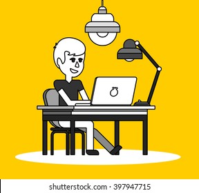 Man work with computer laptop design flat. Computer and business man worker, man in office desk, businessman person at table workplace, character work manager vector illustration. Black on yellow