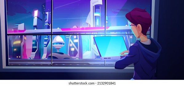 Man Work With Computer In Office With Future City Landscape Behind Window. Vector Cartoon Illustration Of Futuristic Cityscape With Neon Buildings And Road At Night