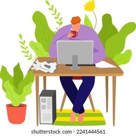 Man work with computer, person character at home office vector illustration. Flat freelance job in internet concept. Online technology design