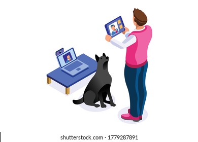 Concepto de trabajo de hombre, espacio de cuarentena. Concepto de trabajo en casa, joven con computadora, gente con laptops. Computadoras para jóvenes en casa en cuarentena. Vector isométrico Covid-19 Ilustración.