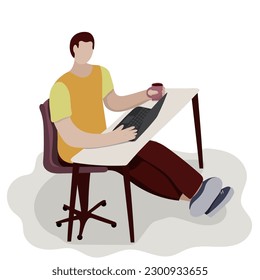 Der Mensch arbeitet an einem Schreibtisch mit einem Computer. Heimbüro. Fernunterricht zu Hause. Arbeiten Sie mit der Verschlusskappe von Kaffee und Laptop. Freiberufler. Bildung. Programmierer