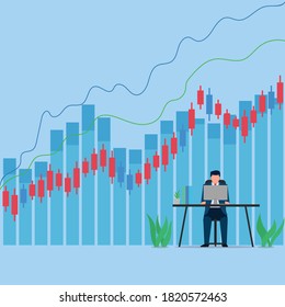 Man work desk learn about stock through internet. Business flat vector concept illustration.