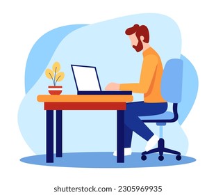 man work at the desktop, flat illustration