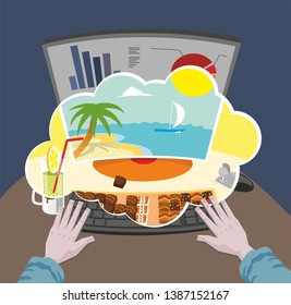 Man at work dreaming about the vacation. 