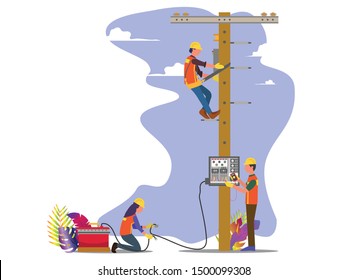 Man work electrical installation on the city. Concept for electrical service, Flat style vector illustration isolated on white background, suitable for wallpaper, banner, book illustration