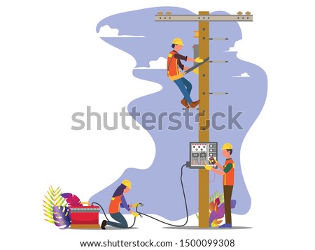 Man work electrical installation on the city. Concept for electrical service, Flat style vector illustration isolated on white background, suitable for wallpaper, banner, book illustration