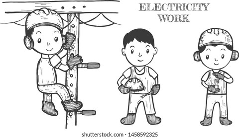Man at work. An electrician. Vector graphics. Freehand drawing. Sketch.