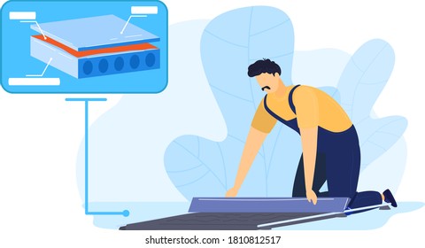 Man work with floor, cement construction tool, vector illustration. Worker at home, professional renovation with mortar, trowel. Ceramic tile at plaster, material improvement at house.