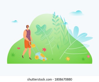 Huerto de trabajo, obrero usa cortadora, herramientas para el césped, naturaleza de jardinero al aire libre, diseño, ilustración vectorial estilo caricatura. Campo de vacas, parque de verano de cuidado, paisaje verde de fondo, trabajo de agricultura