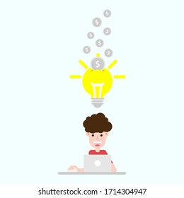 Man work and have idea to make money. Bulb icon. dollar coins drop in Bulb. Coin icons.