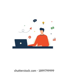 Man work with his laptop, half body