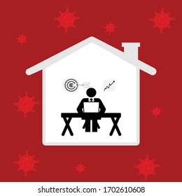 man work at home around virus on red blackground : covid-19 concept vector
