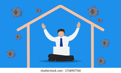 Man work from home to avoid COVID-19 virus isolated on background flat illustration vector