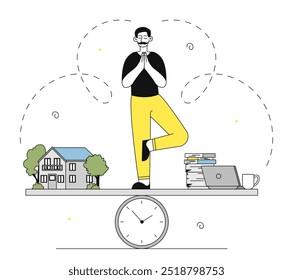 Mann mit Balance zwischen Arbeit und Zuhause. Junger Mann steht auf der Waage. Vergleich von Beruf und Familie, Festlegung von Prioritäten für das Leben. Verantwortung und Ehrgeiz. Lineare Vektorgrafik einzeln auf weißem Hintergrund