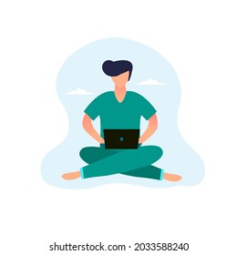  El hombre trabaja en casa. Ilustración conceptual del trabajo desde casa. Ilustración vectorial en estilo plano