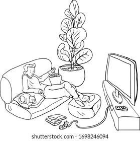 A man work from home in crisis of Corona Virus COVID-19.Illustration design people save at home.A man with cat watching TV.