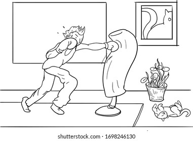 A man work from home in crisis of Corona Virus COVID-19.Illustration design people save at home.A man boxing cadio.