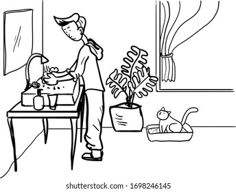 A man work from home in crisis of Corona Virus COVID-19.Illustration design people save at home.A man washing hands for prevent COVID-19 and his cat siting on sand.