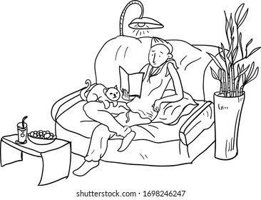 A man work from home in crisis of Corona Virus COVID-19.Illustration design people save at home.A man with cat reading a book.