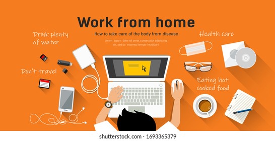 Man Work from home, desk top view design orange background, vector illustration