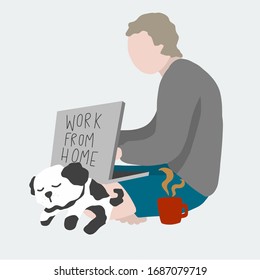 Trabajo del hombre desde casa con ilustración vectorial de perro