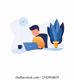 A man work from home during pandemic with laptop and coffee