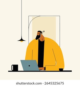 Man Work From Home: Laptop Productivity, Remote Work Illustration, Creative Professional