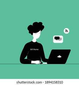 Man work from home with laptops, computers black vector on green background - Creative landing web page design template banner