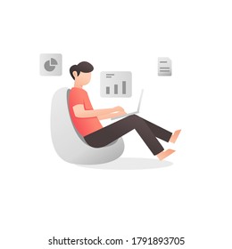 Man work from home with laptops during coronavirus self isolation quarantine vector flat style illustration