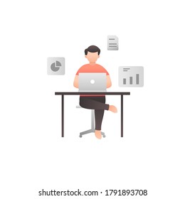 Trabajo del hombre desde el hogar con laptops durante el autoaislamiento del coronavirus cuarentador vectorial plano ilustración de estilo