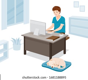 Man Work From Home, Learn From Home, Shopping At Home, With Dog, Protection Themselves From Coronavirus Disease, Covid-19, Social Distancing, Respiratory, Safety, Protection, Outbreak, 