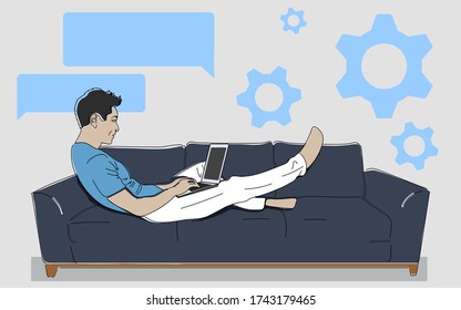Man at work at home on the sofa