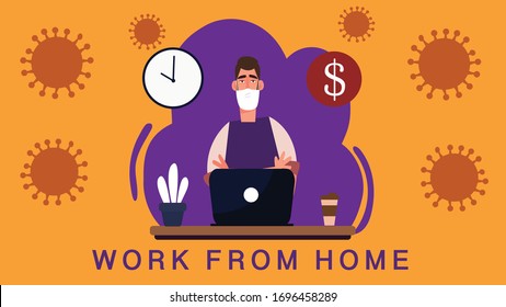 Man Work from Home prevent Covid-19 or Corona Viruses.People keeping distance infection risk and disease Wearing a face mask in public to prevent infection.Concept of health care and social concern