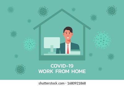 man work from home to prevent from virus spreading, flu prevention, coronavirus, covid-19, social isolation and self quarantine concept, character cartoon flat vector illustration
