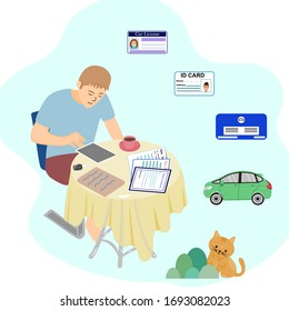 Man work from home for protect from virus he sale a new car prepare document for customer .vector illustration