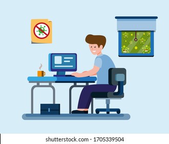 man work from home to protection from virus infection, office worker or student in self quarantine activities in cartoon flat illustrtion vector