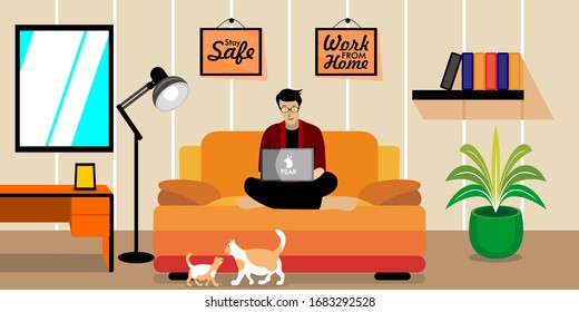 Man work from home Using Laptop Sitting on Sofa at Living Room. Flat Vector Cartoon Illustration