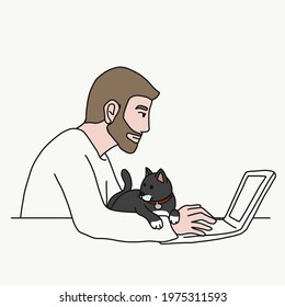 Man work from home using laptop with cat vector illustration	