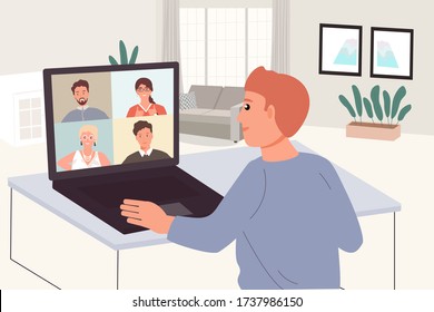 Man Work From Home Video Conference Meeting With Team In Social Distancing Concept, Office Guy Stay Home Working At Home Chair Conference Meeting With Team On Laptop Computer.Flat Vector Illustration.