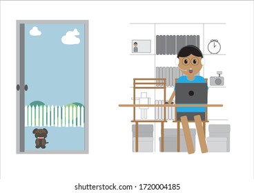 el hombre trabaja desde casa. Trabajar en un equipo. La autonomía, la educación en línea o el concepto de los medios sociales.