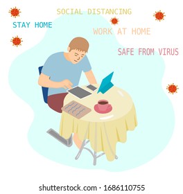 Man work at home,stay at home,study at home and keep distance for protect from covid-19  coronavirus.Stay home background. vector illustration.