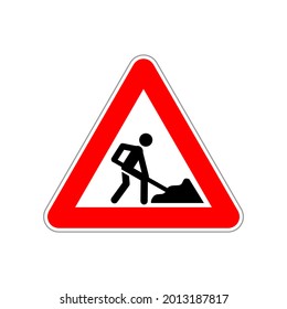 Icono del hombre en el trabajo en el triángulo rojo y blanco de la señal de la carretera aislado en blanco