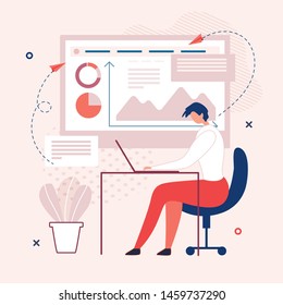 Man Work Interacting with Graphs and Charts on PC at Modern Office. Financial Profit, Data or Stock Exchange Market analysis via Laptop. Computer Programmer, NFC Technologies. Vector Flat Illustration