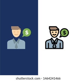 Man, Work, Job, Dollar  Icons. Flat and Line Filled Icon Set Vector Blue Background. Vector Icon Template background