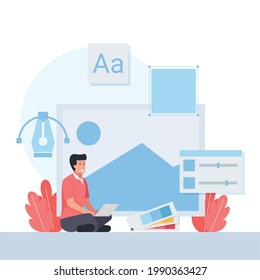 Man work with laptop with design icon in the background