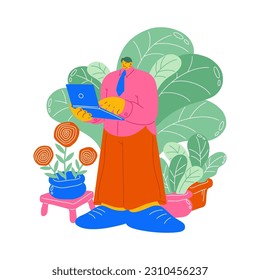 Man work, laptop. Using computer, email at home, character idea with table desk. Vector flat people