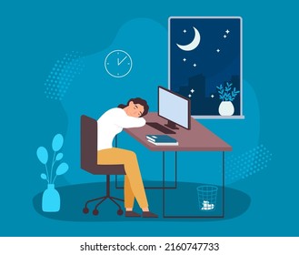 Man Work Late At Night, Hard Working On Workplace. Vector Work Night, Job Hard, Business Workplace, Employee Late In Office Illustration