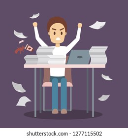 Man work late at night. Tired angry office character at the workplace. Idea of deadline. Flat vector illustration