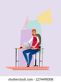 man work at office on laptop hipster with beard