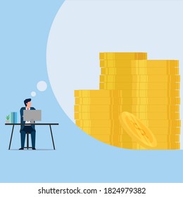 Man arbeitet an einem Schreibtisch und träumt von einer Metapher mit viel Geld für Ziel und Belohnung. Business-Flavectordesign-Illustration.